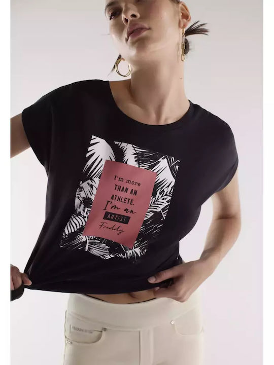 FREDDY comfort t-shirt with  glitter  print (S3WBFT2-N) BLACK
